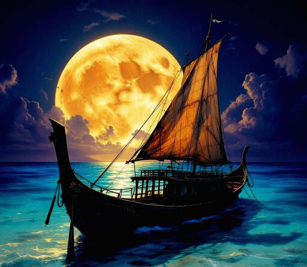 Photorealistic Junk Boat Under Full Moon