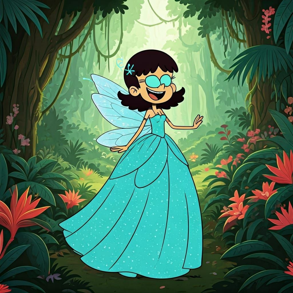 Imagine Stella Zhau from The Loud House as a turquoise fairy, flitting through a lush, tropical rainforest. She wears a ...
