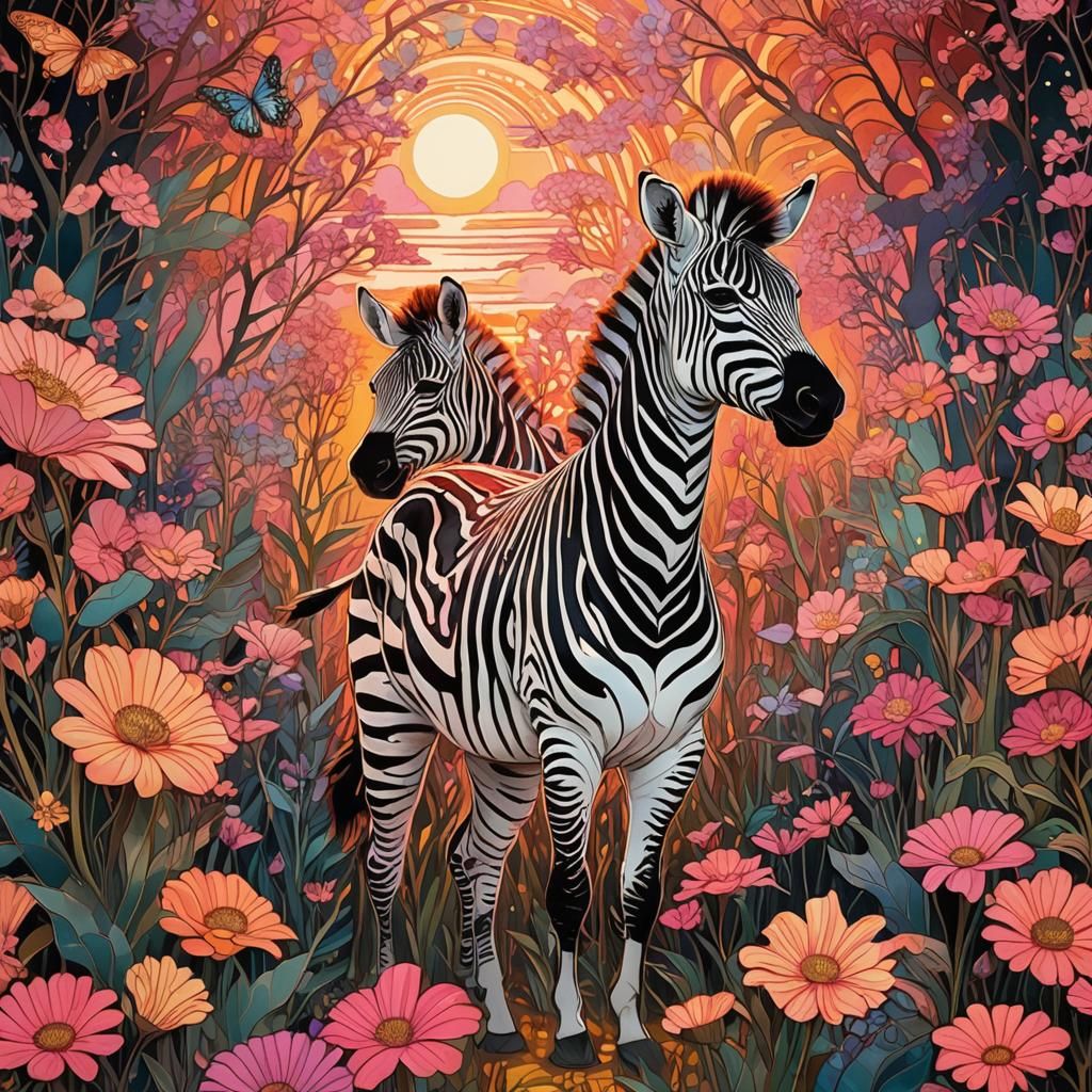 Art Nouveau Zebra in Floral Sunset, Cosmic Illustration
