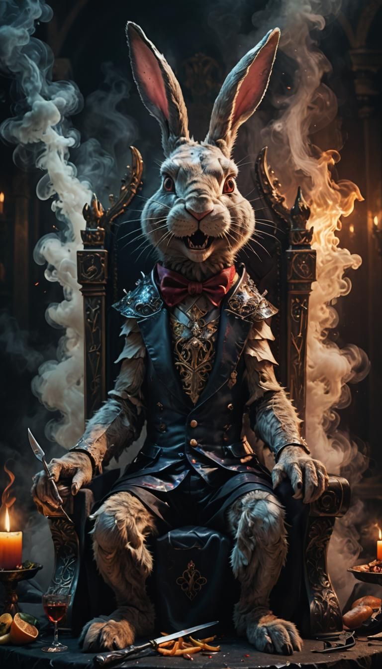 Cartoon Rabbit King on Throne in Oil Painting Style