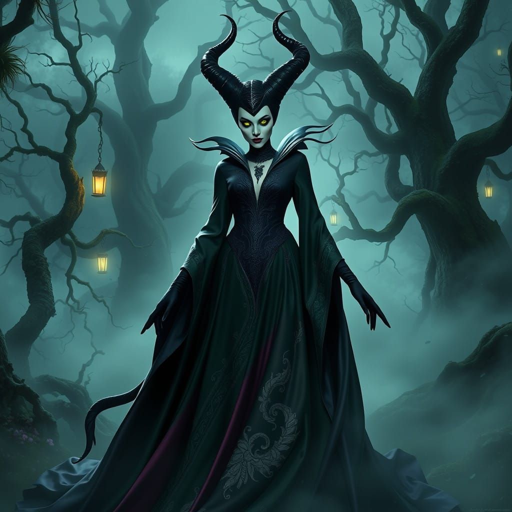 Dark Fantasy Queen in Ethereal Satin Gown, Primeval Forest a...