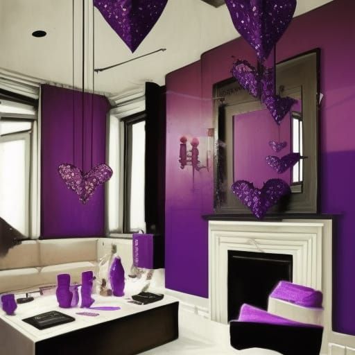Anti-Valentine’s Day themed penthouse with Black walls with dark purple accents& purple broken hearts on the walls& brok...