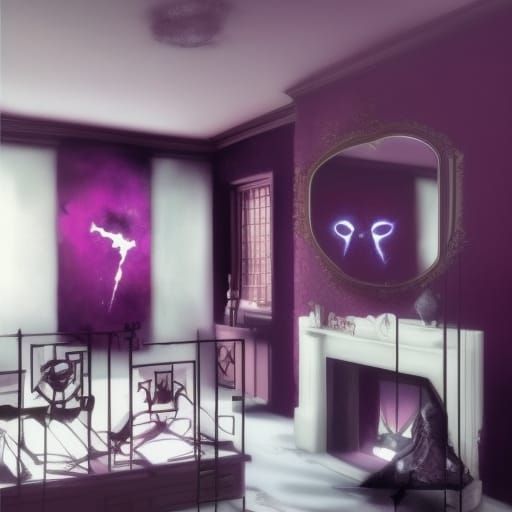 Anti-Valentine’s Day themed penthouse with Black walls with dark purple accents& purple broken hearts on the walls& brok...
