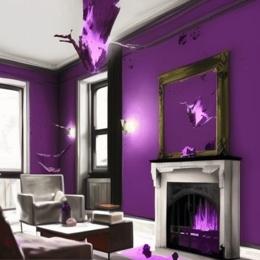 Anti-Valentine’s Day themed penthouse with Black walls with dark purple accents& purple broken hearts on the walls& brok...