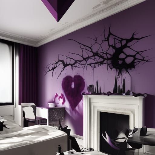 Anti-Valentine’s Day themed penthouse with Black walls with dark purple accents& purple broken hearts on the walls& brok...