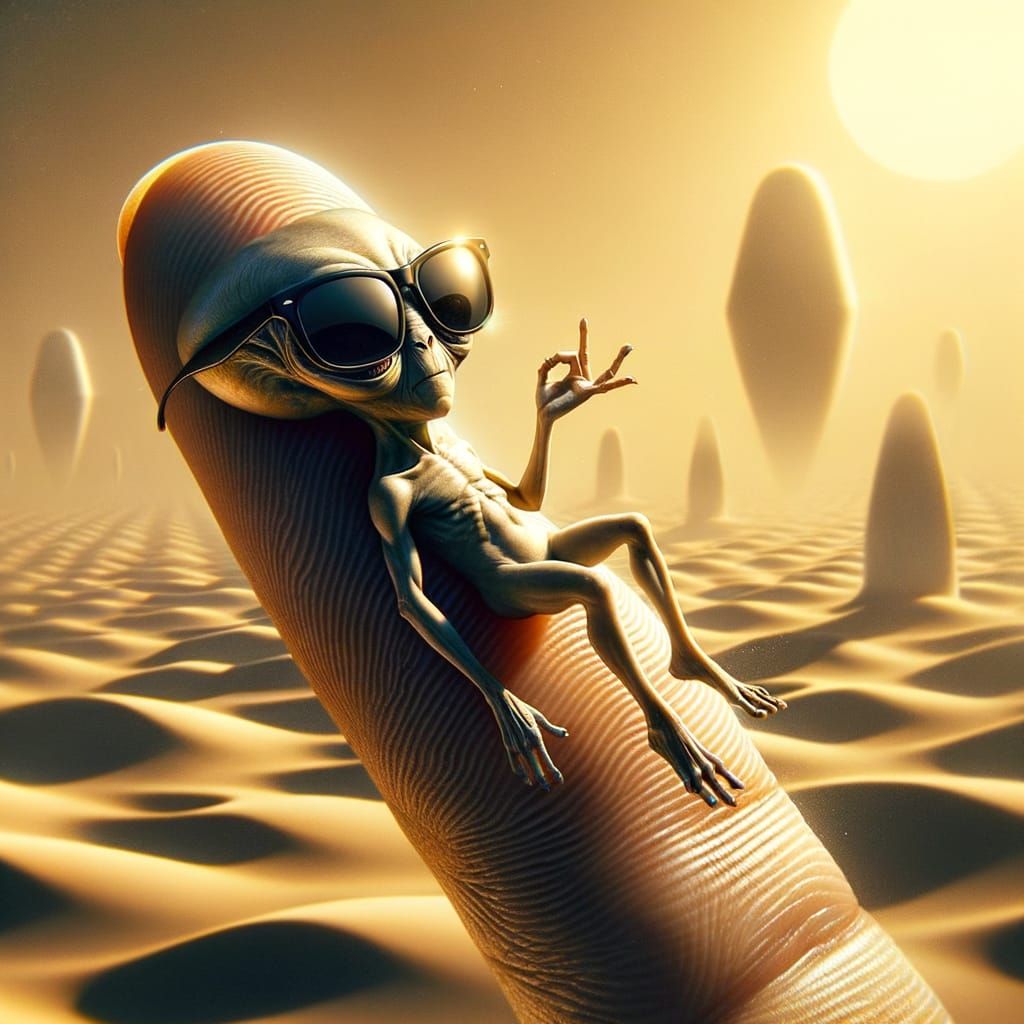 Alien Sunbathing: A Surreal Etching in Golden Light
