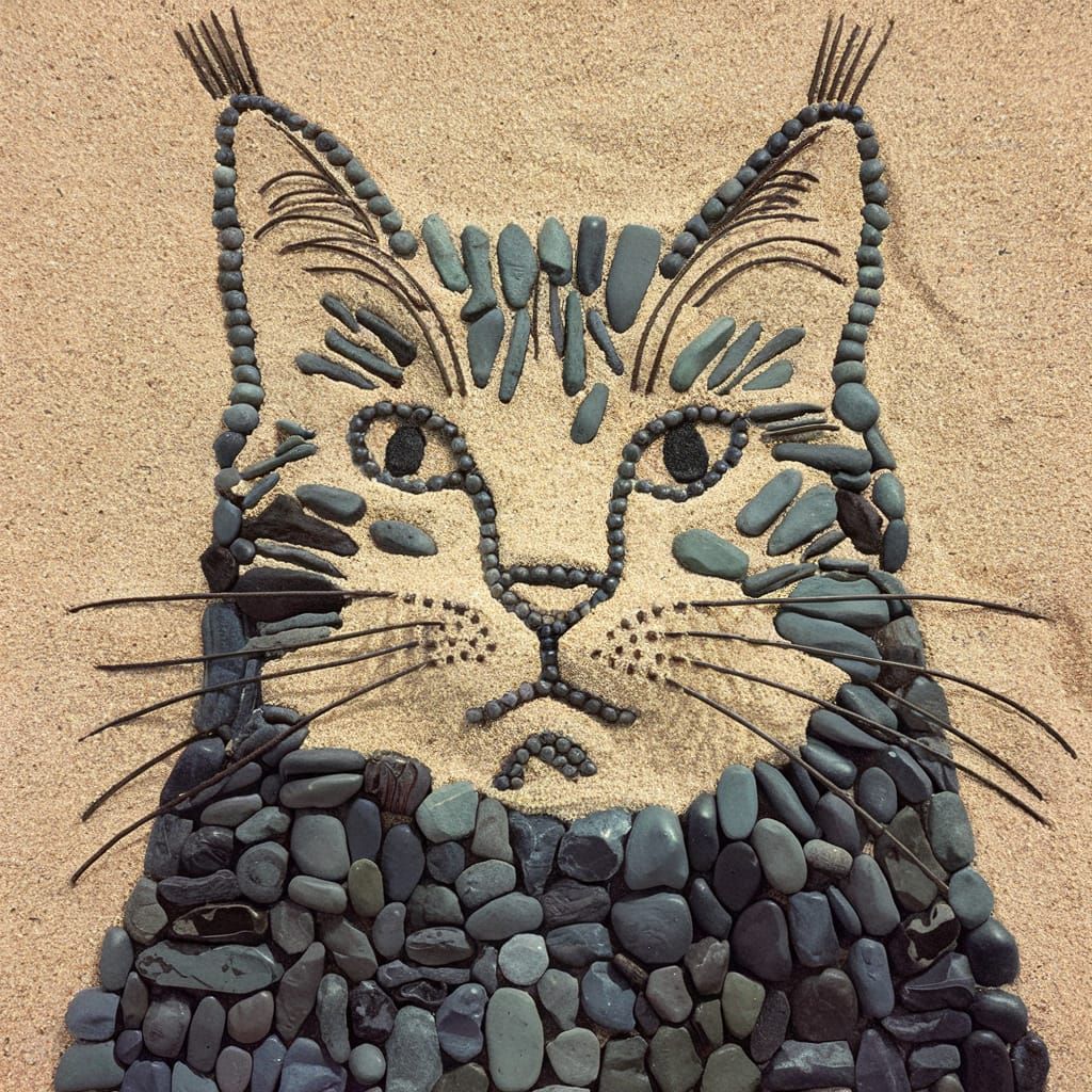 Stone Mosaic Cat Face on Sand