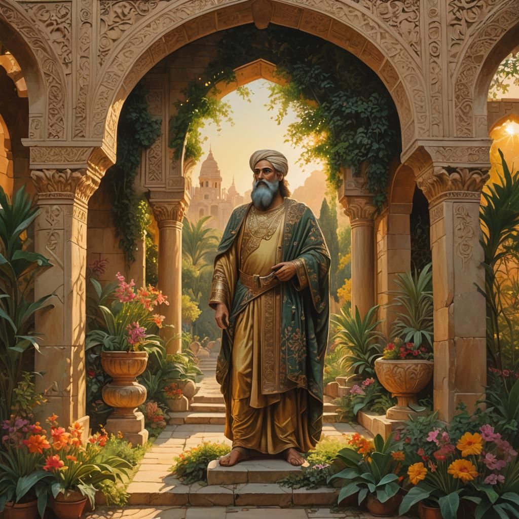 Persian King in Hanging Gardens: Oil on Canvas