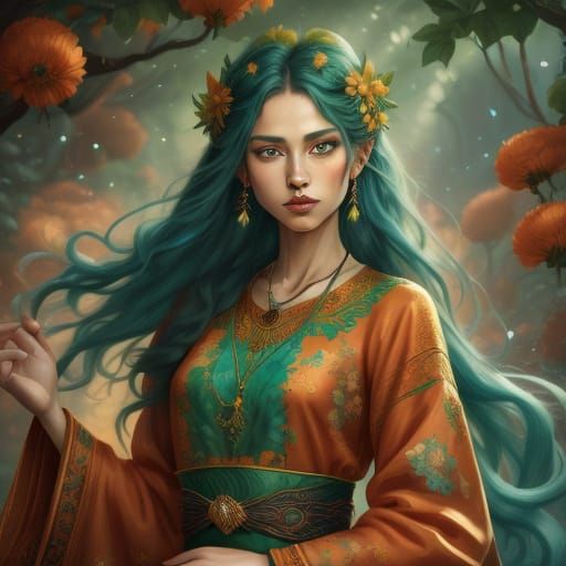 Elegant Bohemian Chic Portrait in Vibrant Orange and Turquoi...