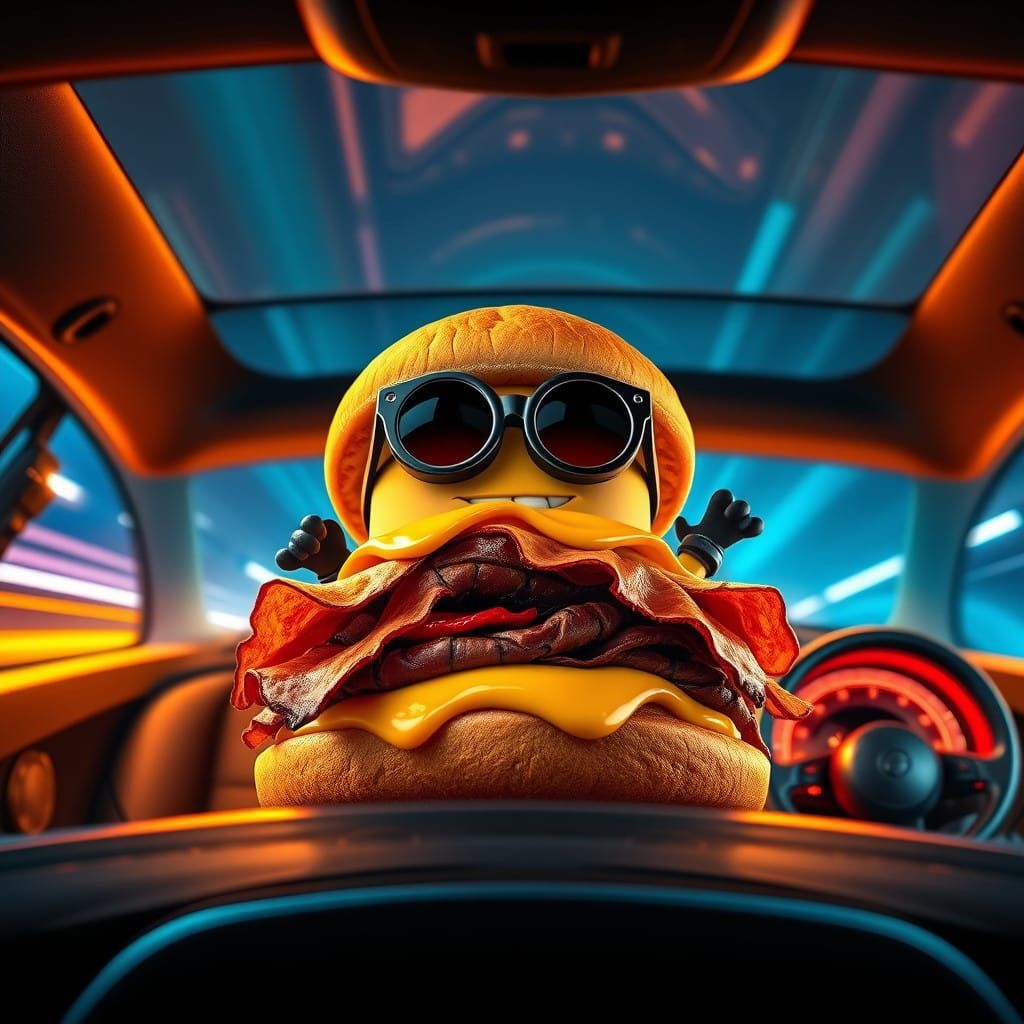 Spectacular Low-Rider Car with Majestic Sandwich and Minion