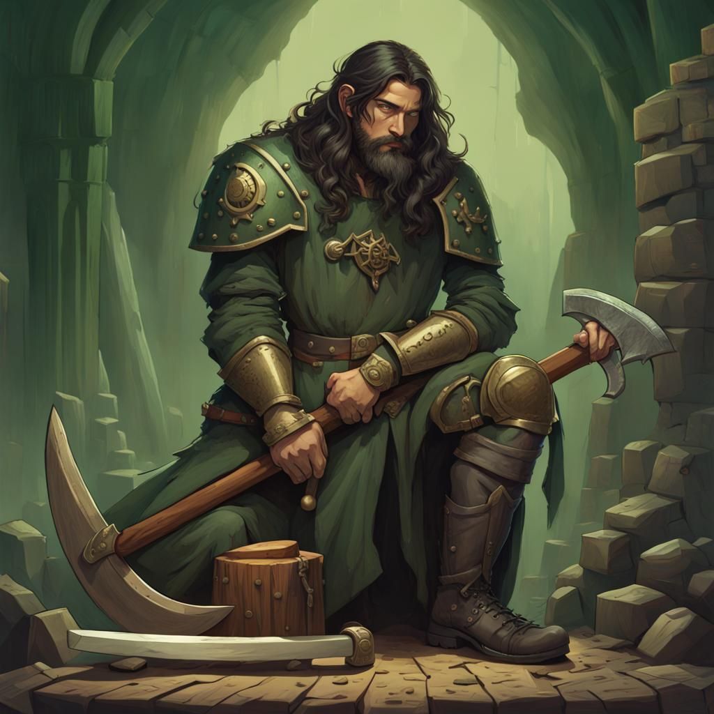 Steampunk Green Brass Giant About to Execute Knight