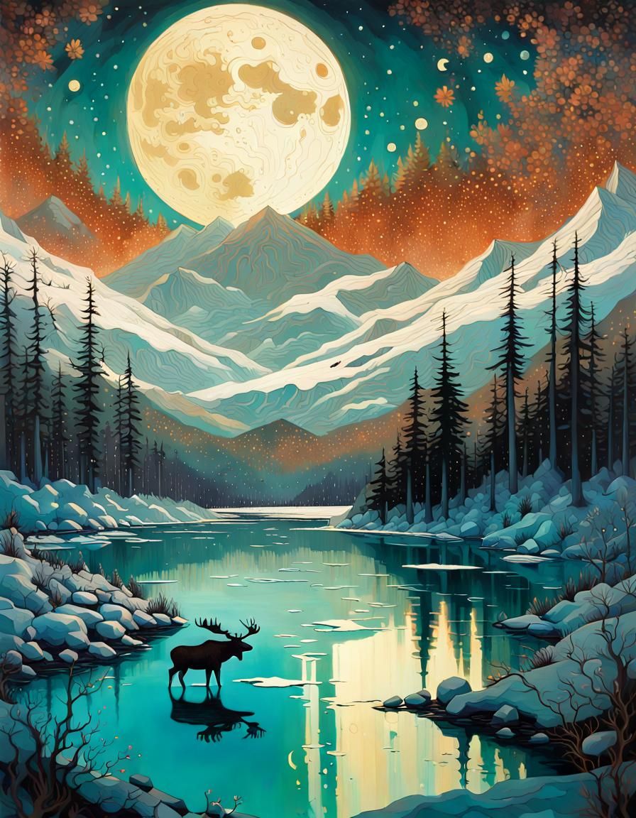 Moose and Crescent Moon in Expressionist Style
