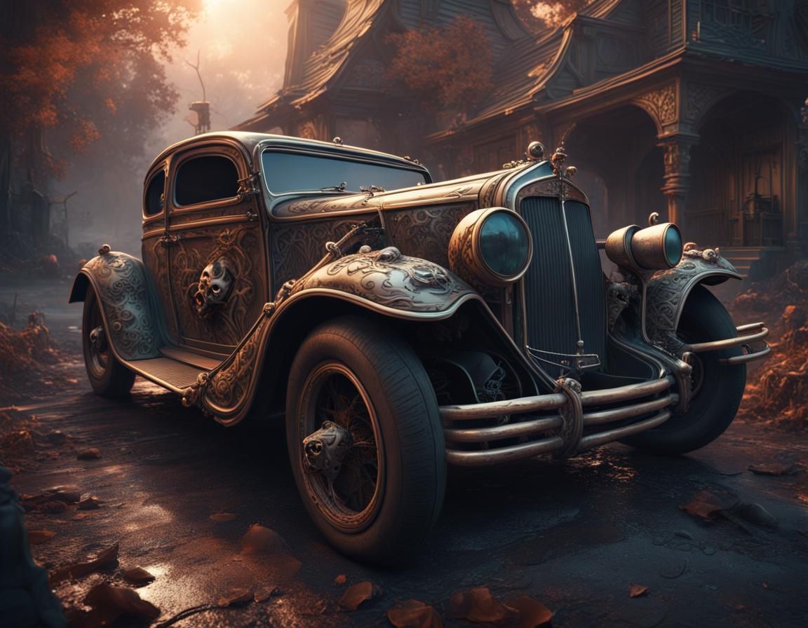 Skull Car with Ghosts and Cats: Fantasy Art