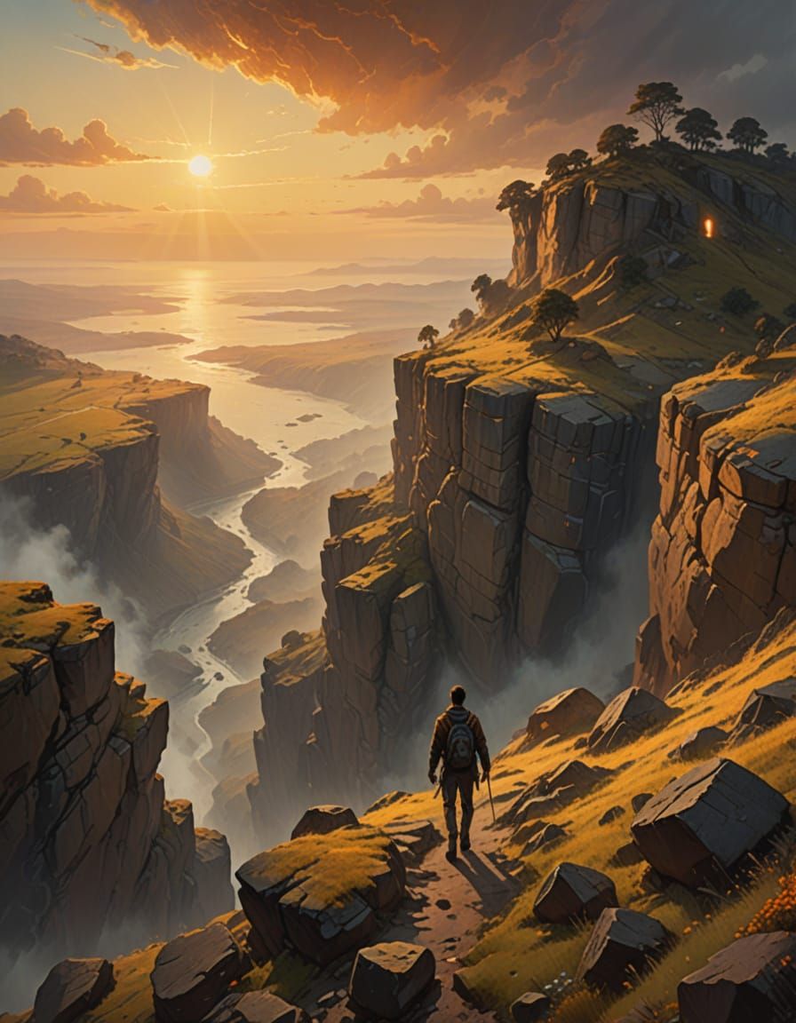 Ethereal Man Walks on Cliff in Golden Light