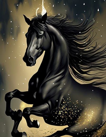 Black Unicorn in Desert Landscape, Dripping Paint Style