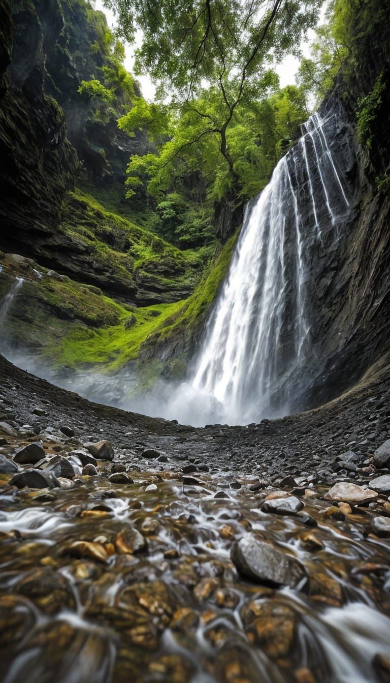 worm's eye view of a waterfall