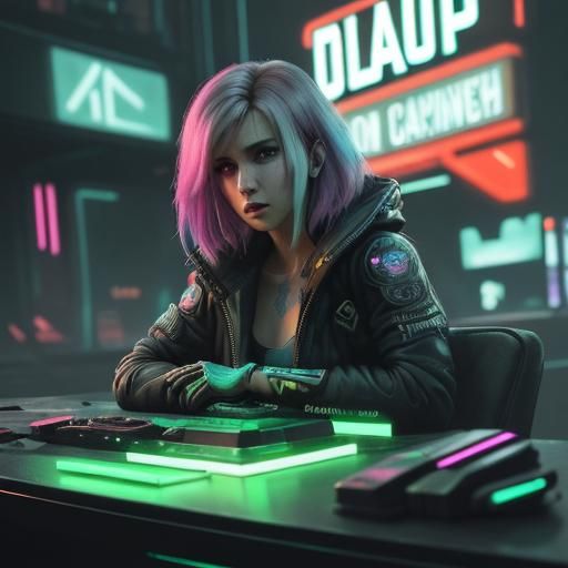 Cyberpunk Apparition in Neon Cityscape