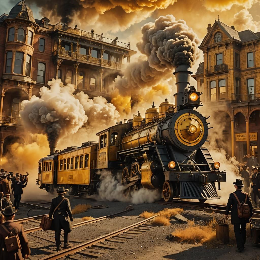 Steampunk Locomotive Chasing School Bus in Surreal Scene