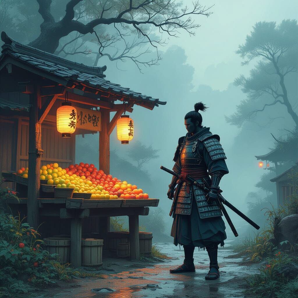 Samurai Guarding Bioluminescent Fruit Stand