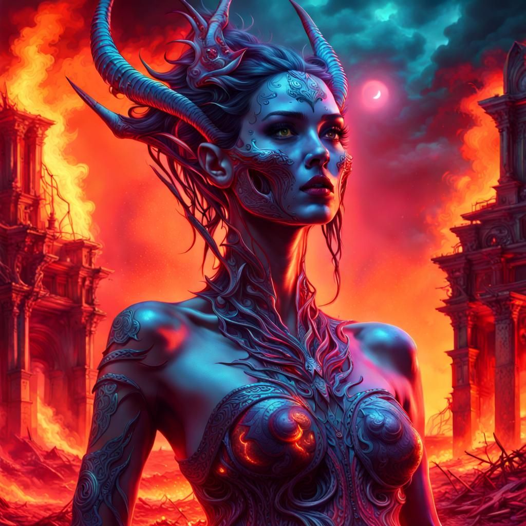 Epic Demon Woman in Burning Ruins