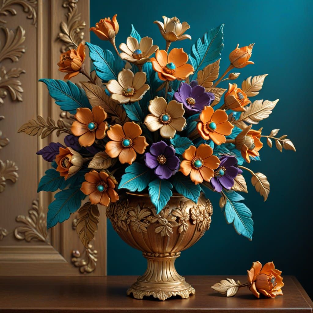 A bouquet of hyper realistic wooden flowers in a gilded vase.