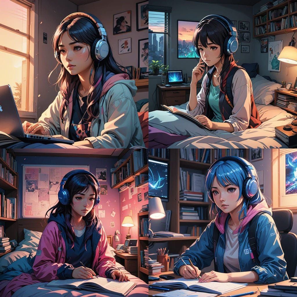 Girl Studying in Anime Style