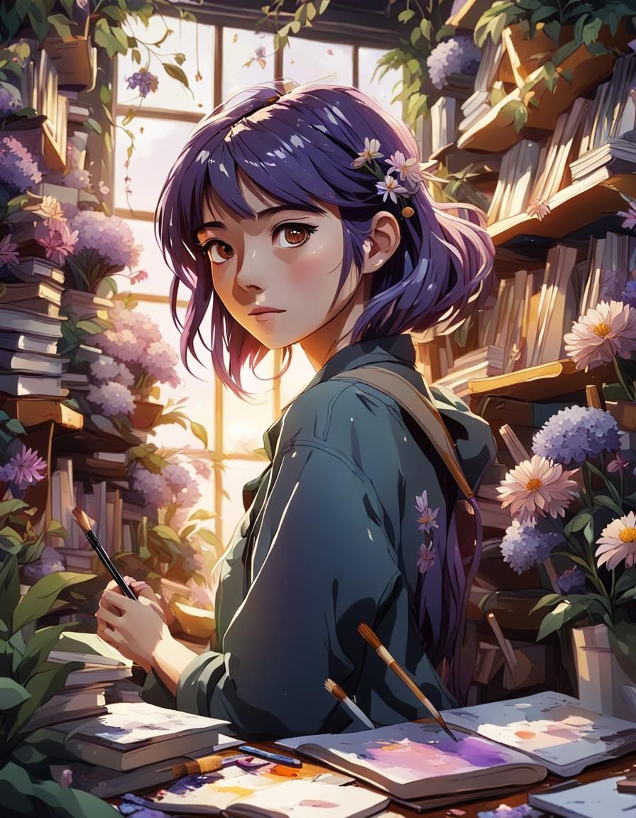 Anime Portrait of Girl Painting in Flower-Filled Room