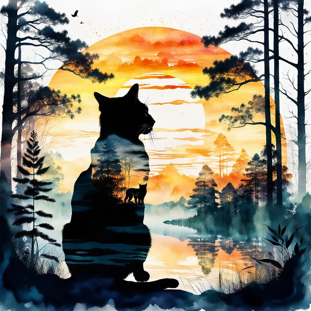 Double Exposure: Cat, Tiger, and Sunrise in Watercolor