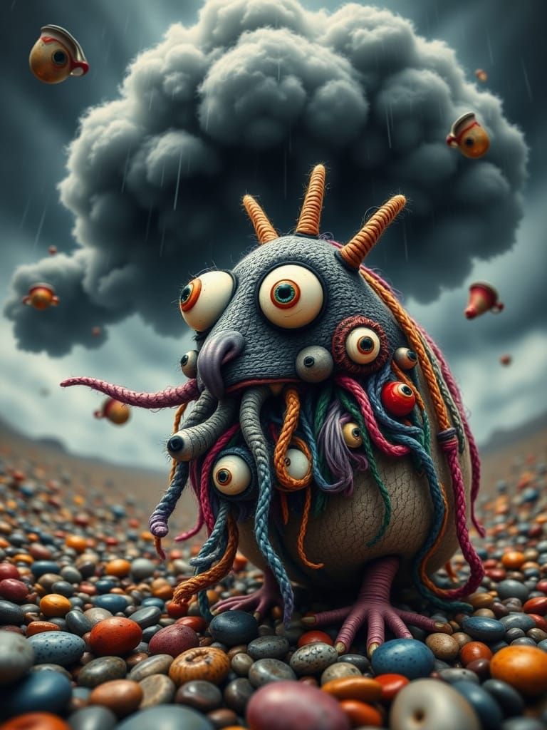 Whimsical Yarn Creature Knits Storm Cloud in Surreal Landsca...