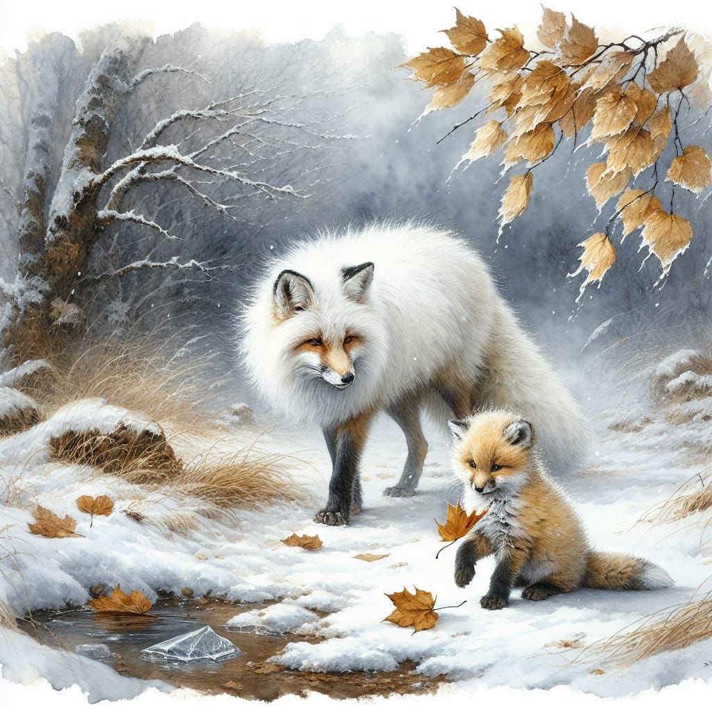 Fox Family in Snowy Landscape, Watercolor Painting