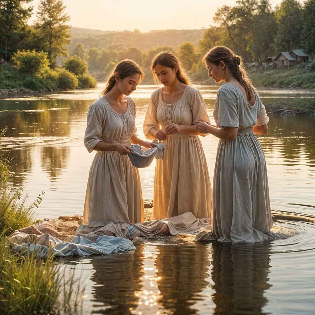 Lakeside Wash Day: Women Cleaning Clothes