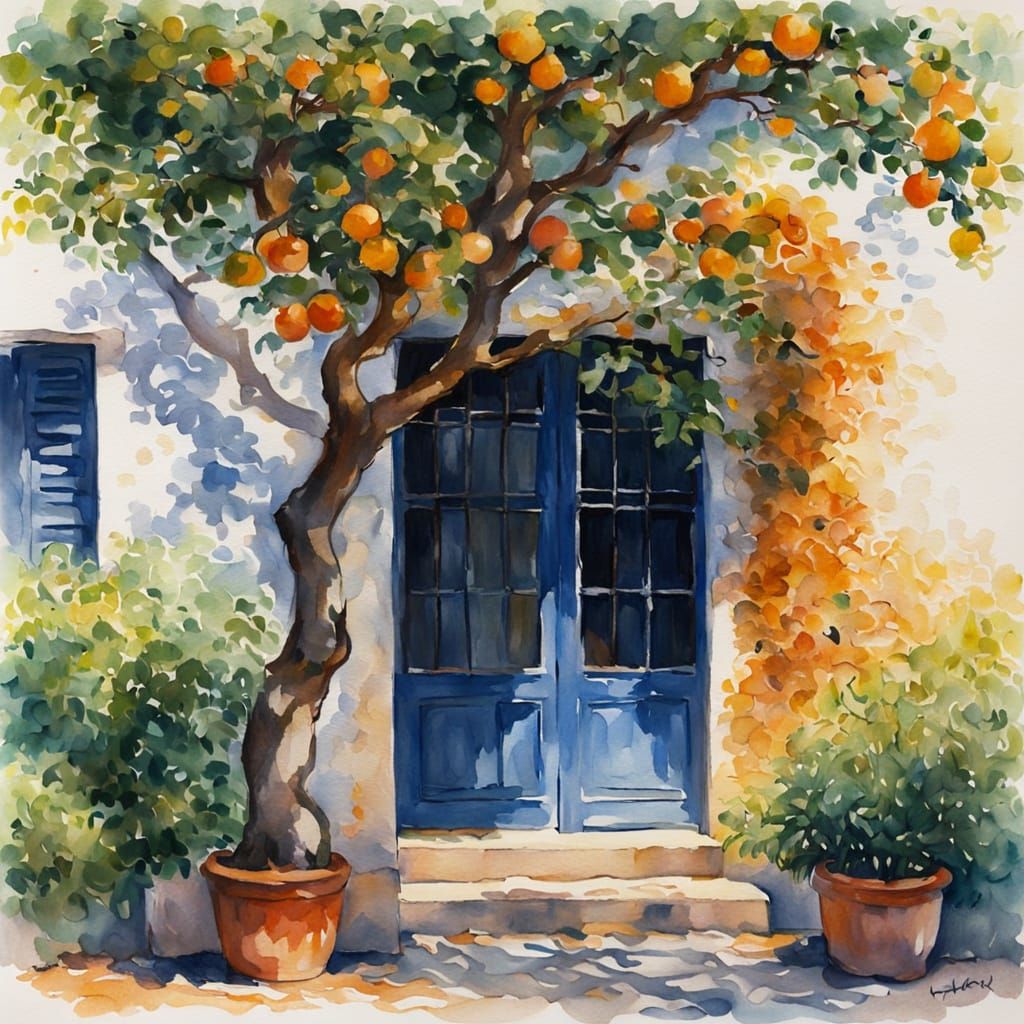 Impressionist Watercolour: Orange Tree in Courtyard