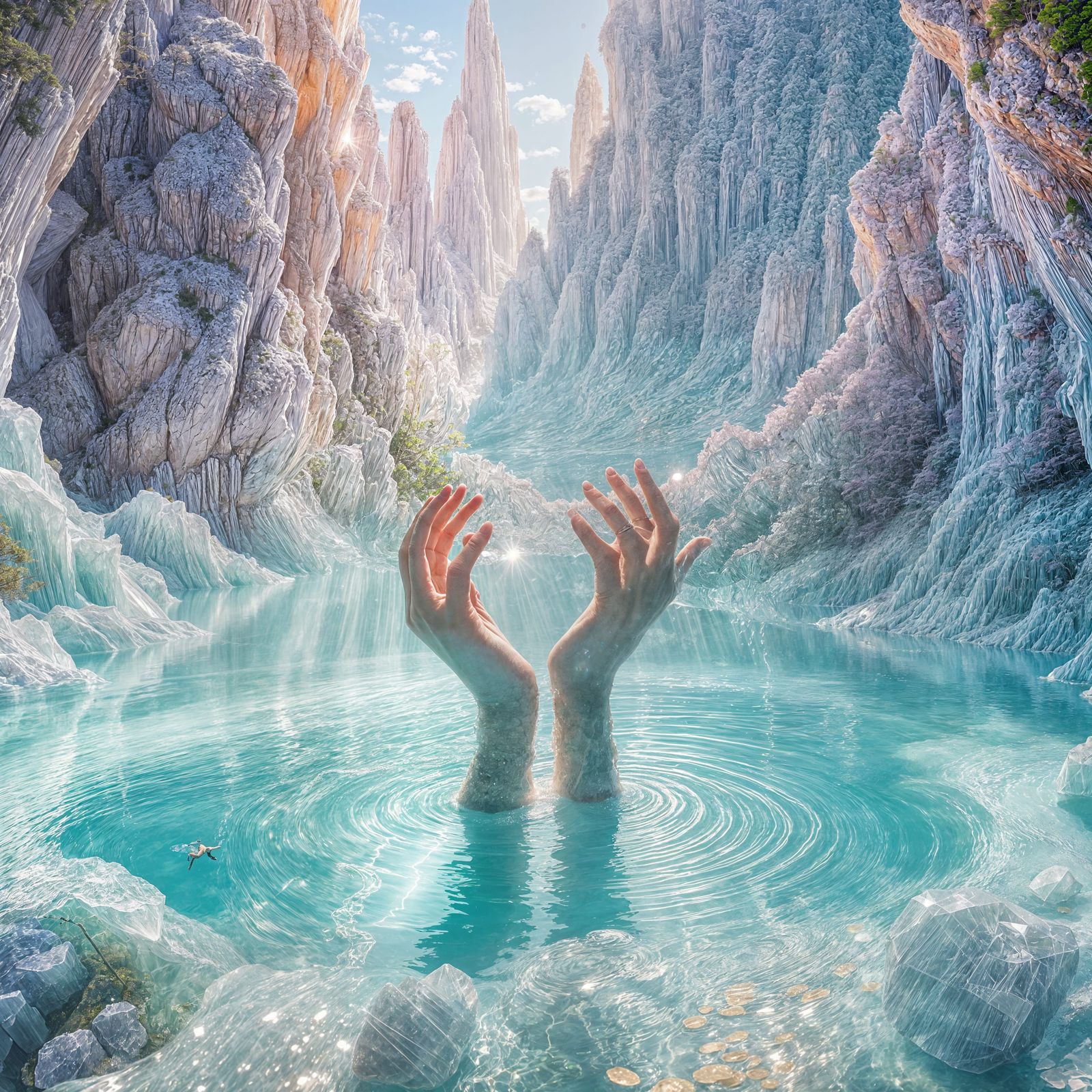 Crystal Pool of Water Rises from Gemstone Rock with Ethereal...