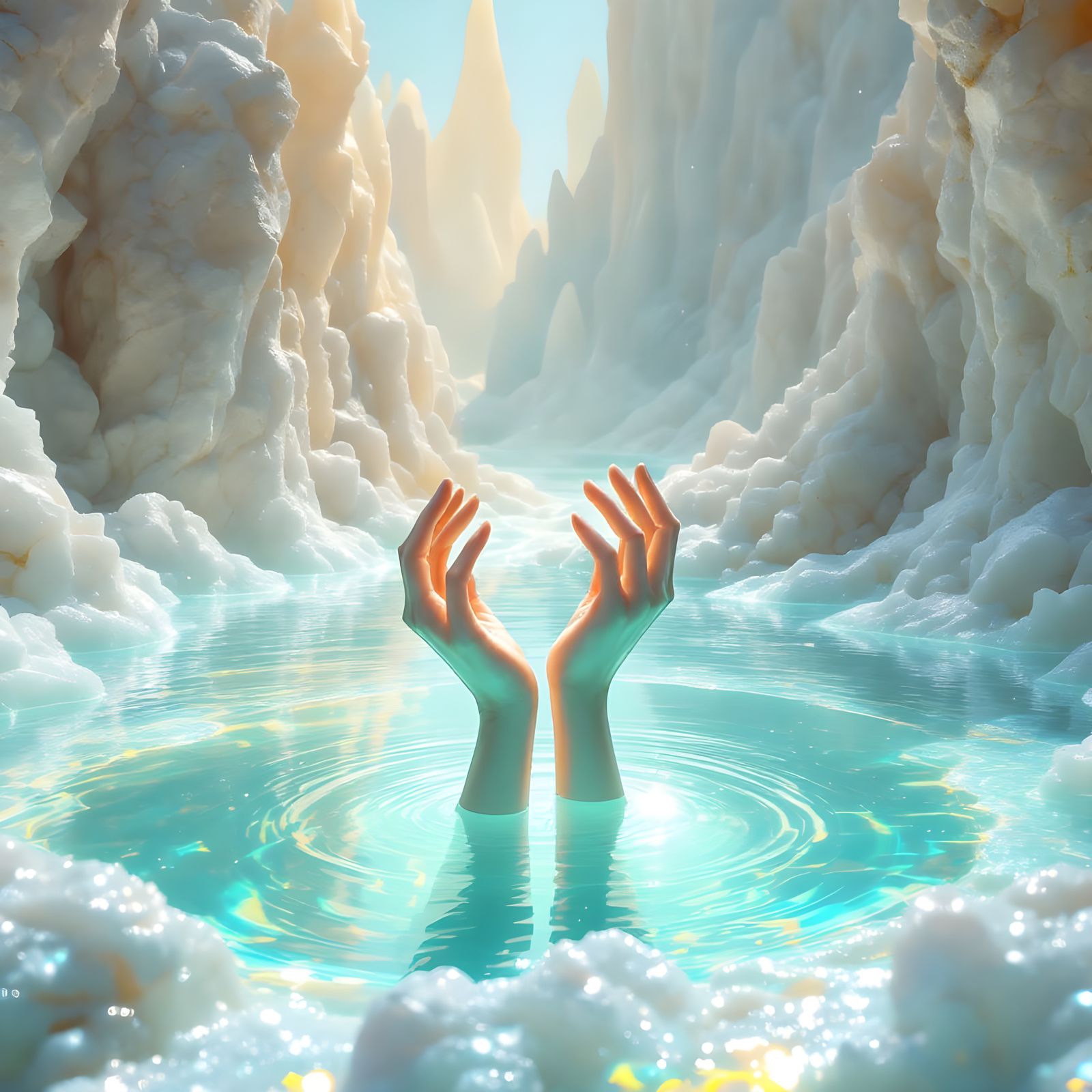 Ethereal Oasis with Crystal Spires and Shimmering Rock