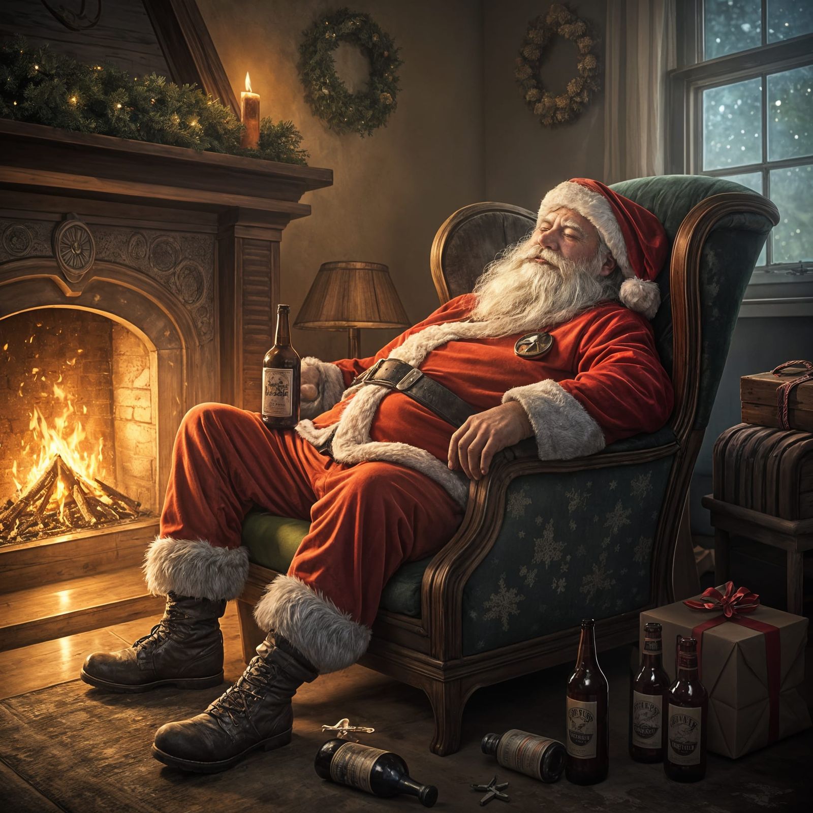 Surreal Christmas Santa Relaxing by the Fire