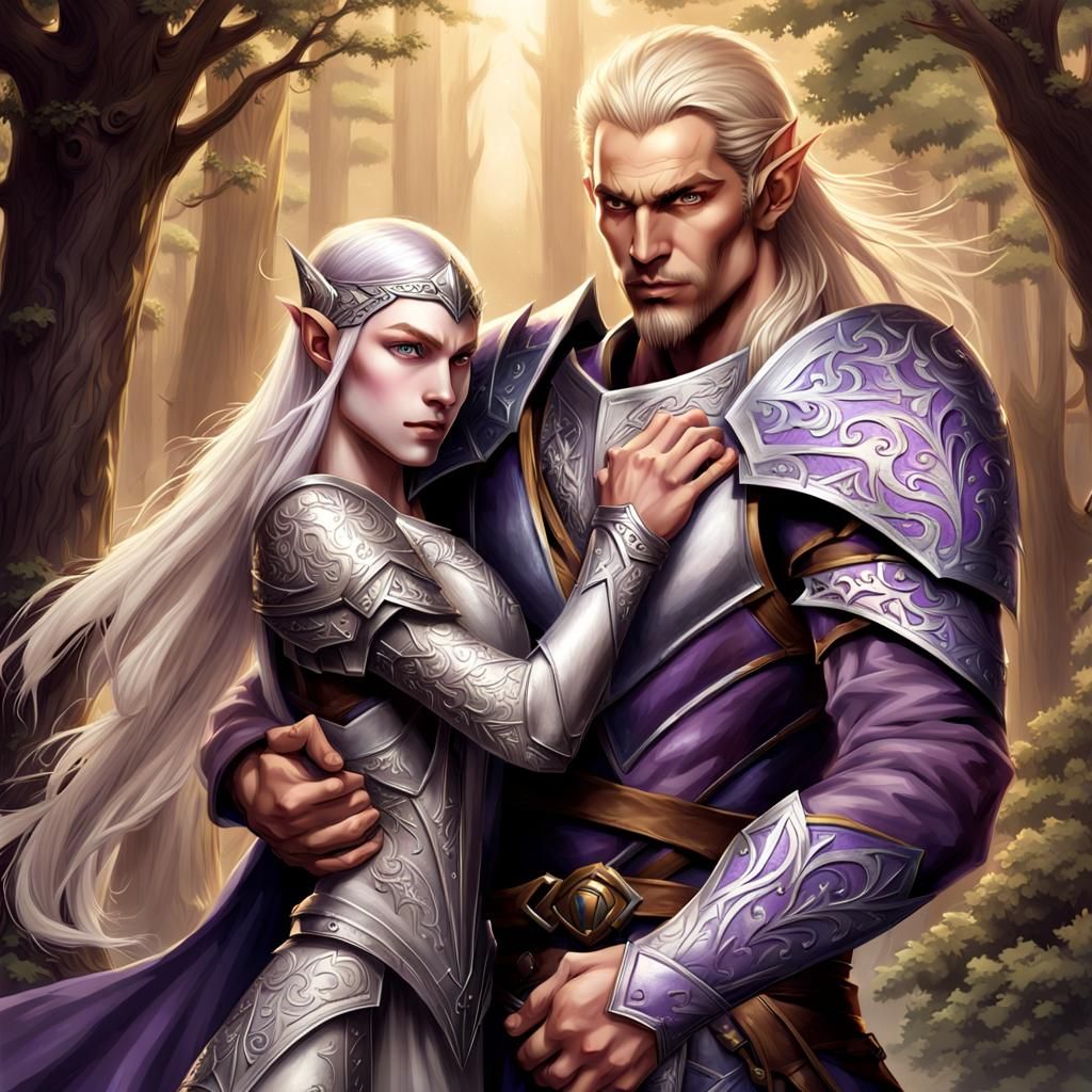 Purple-Skinned Elf Warrior with Human Companion