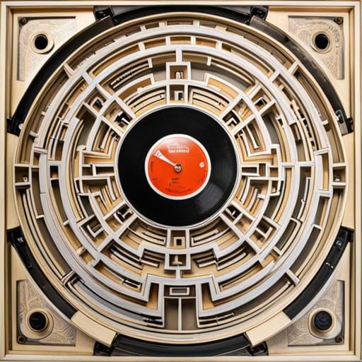 Surreal Vinyl Record Labyrinth in Escher Style