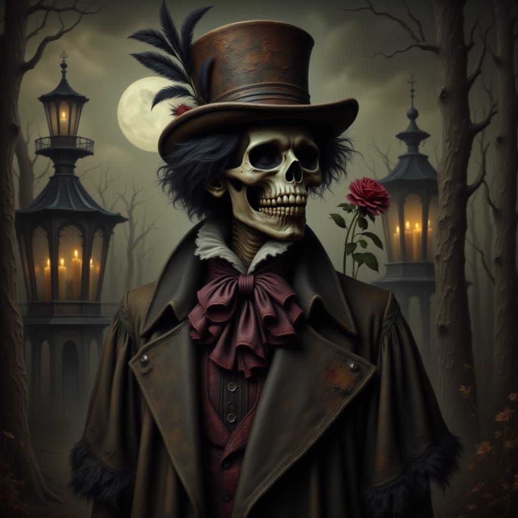 Dapper Skeleton in Elegant Costume, Dramatic Oil Painting