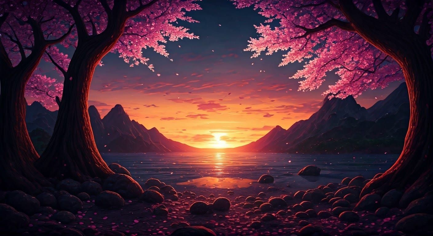 Cherry Blossom Sunset in Vibrant Japanese Fantasy