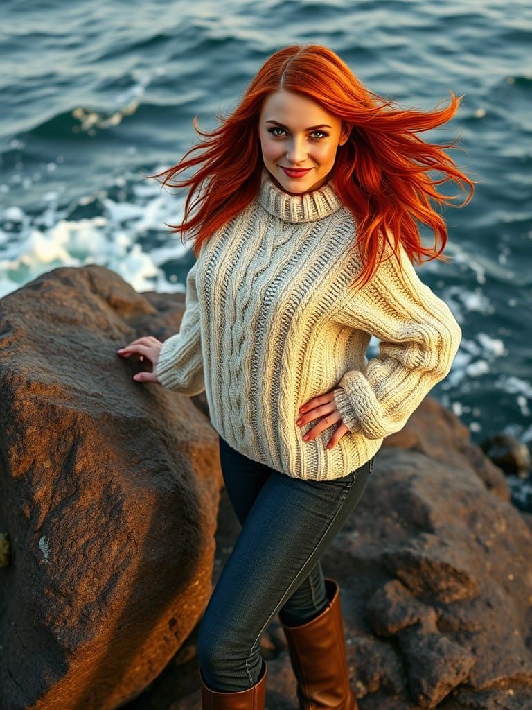 Ethereal Woman by Turbulent Sea in Sunset Glow