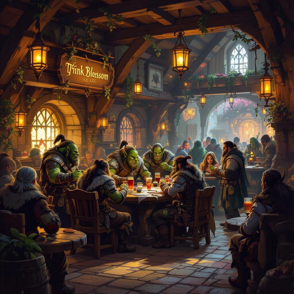 Bustling Medieval Fantasy Tavern Interior with Exotic Patron...