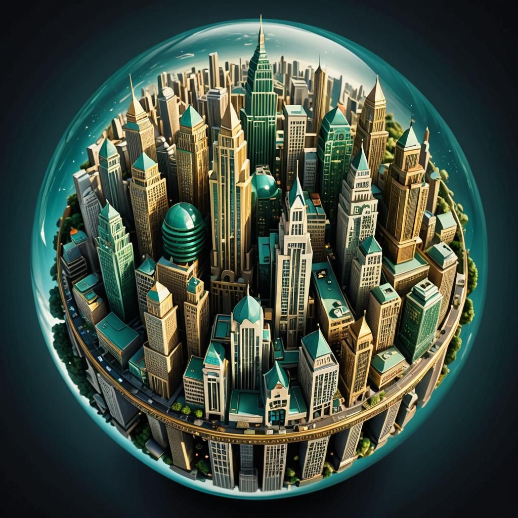 Art Deco City on Sphere with Fisheye Lens