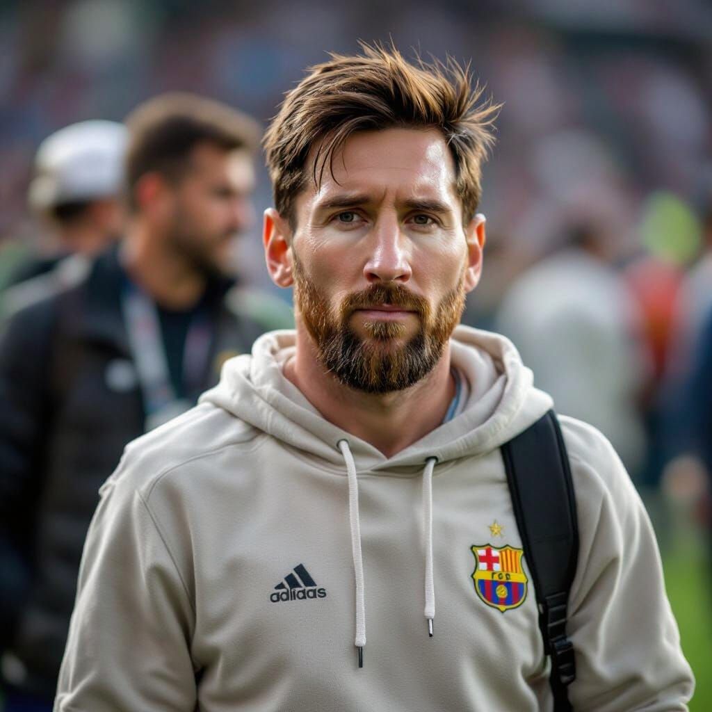 Lionel Messi Arrives Casually for Match, Realistic Photograp...