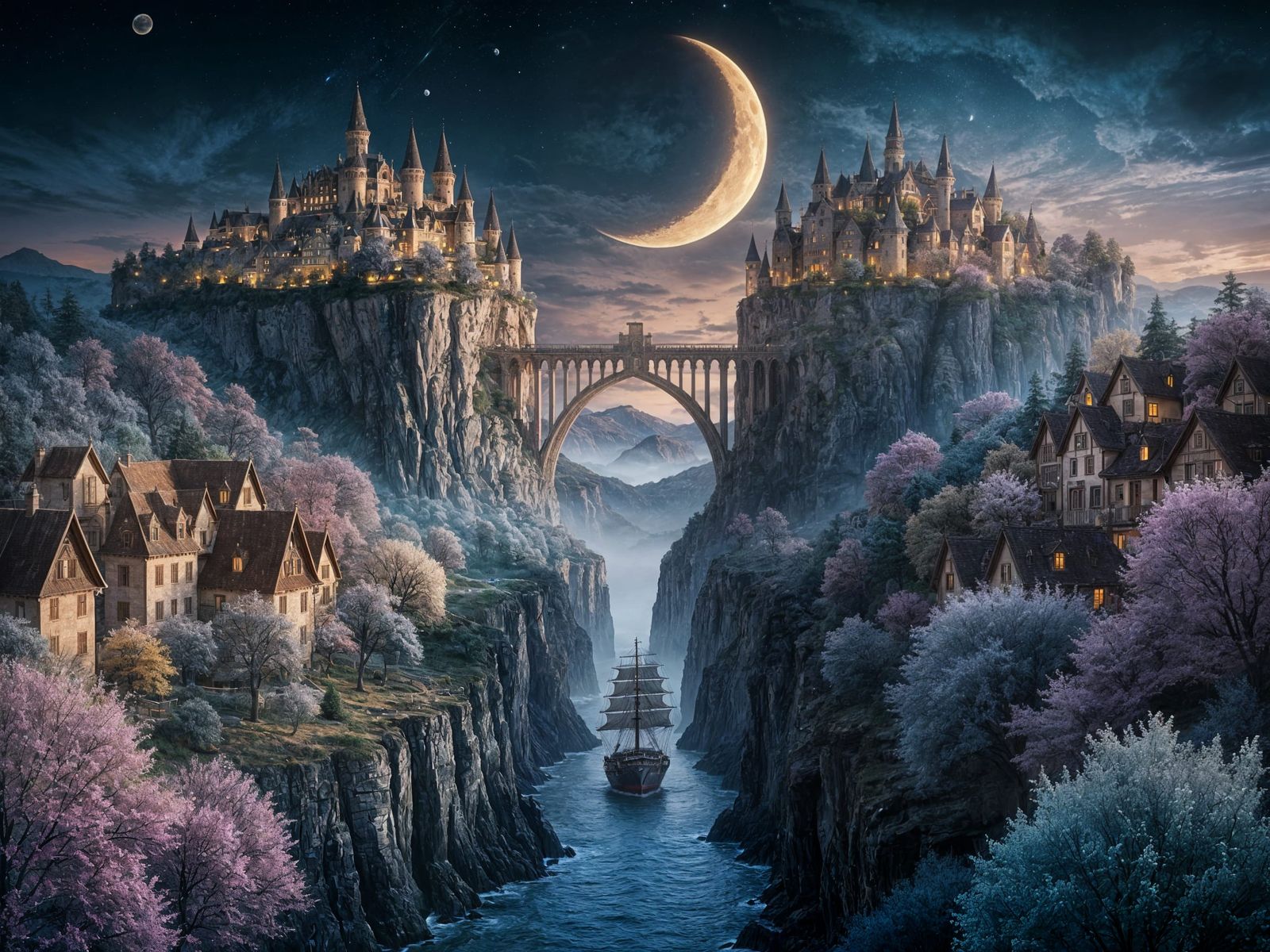 Surreal Medieval Landscape with Majestic Bridge and Golden M...