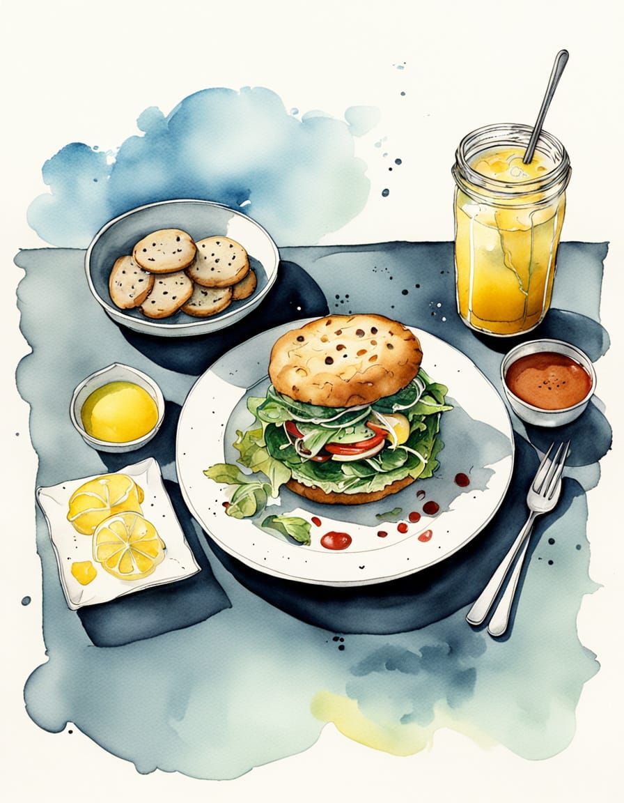 Whimsical Watercolor Lunch Scene in Ink