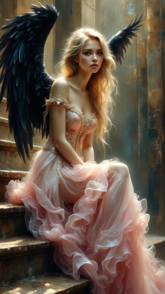 Ethereal Woman with Black Wings in Victorian Dress