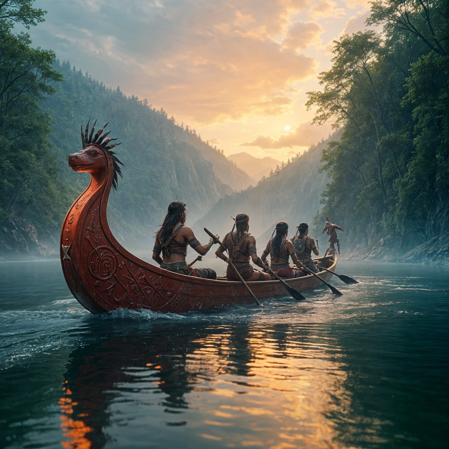 Native Warriors in a Vibrant Red Canoe, Fantasy Concept Art