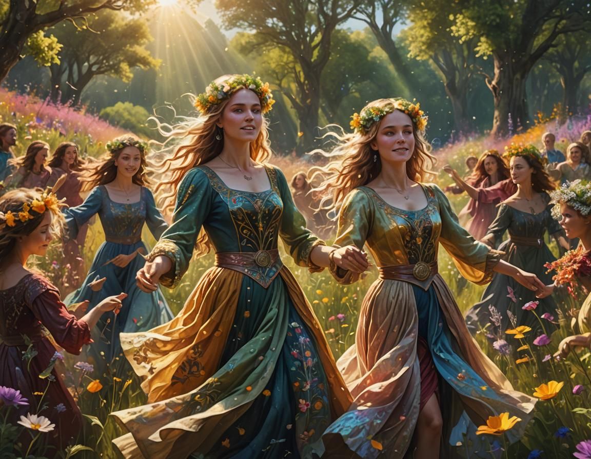 Pagan Women Dancing in Sunlight, Fantasy Art