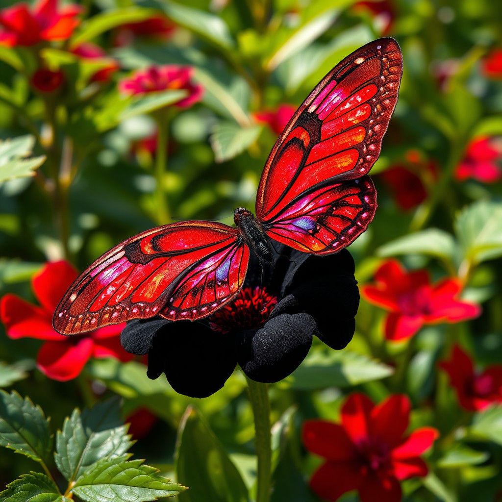 Crimson Butterfly on Black Flower, Dreamy Art
