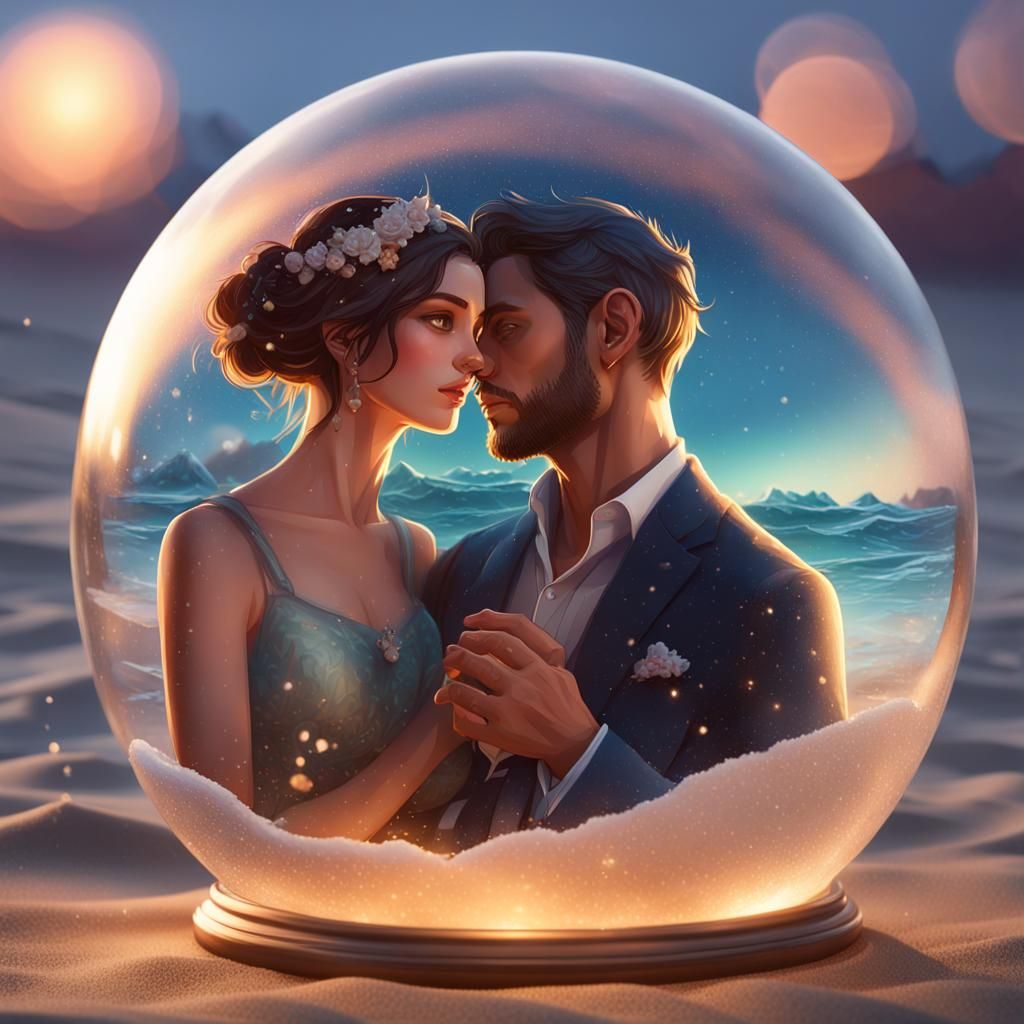 Beach Proposal in Snow Globe, Detailed Digital Art